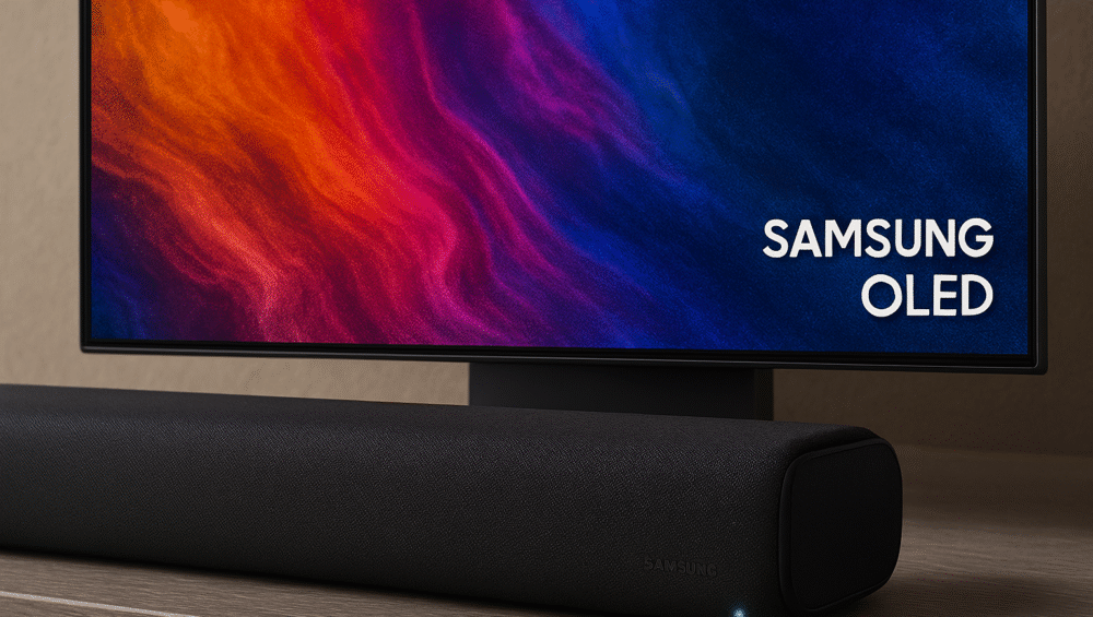 Close-up lifestyle image of the Samsung HW-Q700C Atmos soundbar for Samsung OLED TV, showing the glowing LED indicator and sleek design in a modern living room setup.