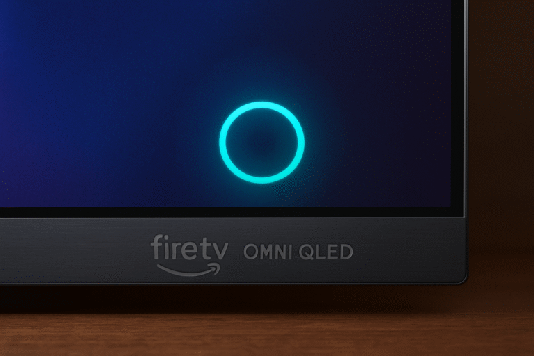 Close-up photo of a smart TV with Alexa speaker, showing the Fire TV Omni QLED’s Alexa voice ring indicator illuminated during a hands-free voice command.
