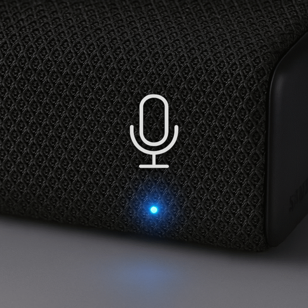 Close-up of Samsung Q700C LED indicator glowing with voice command icon overlay.