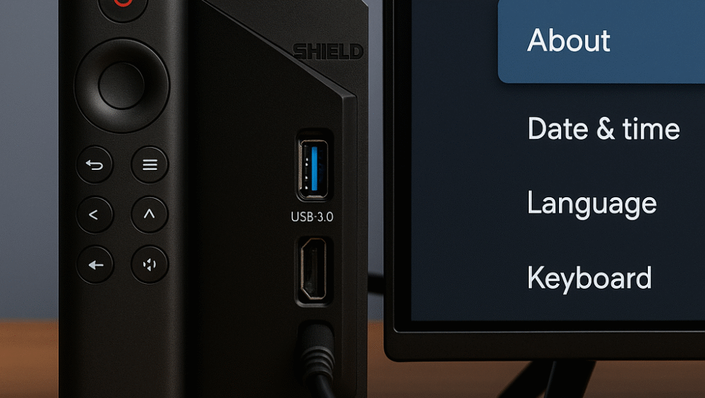Close-up image of the NVIDIA Shield TV Pro remote control beside the device’s dual USB 3.0 ports, with the on-screen settings UI visible in the background.