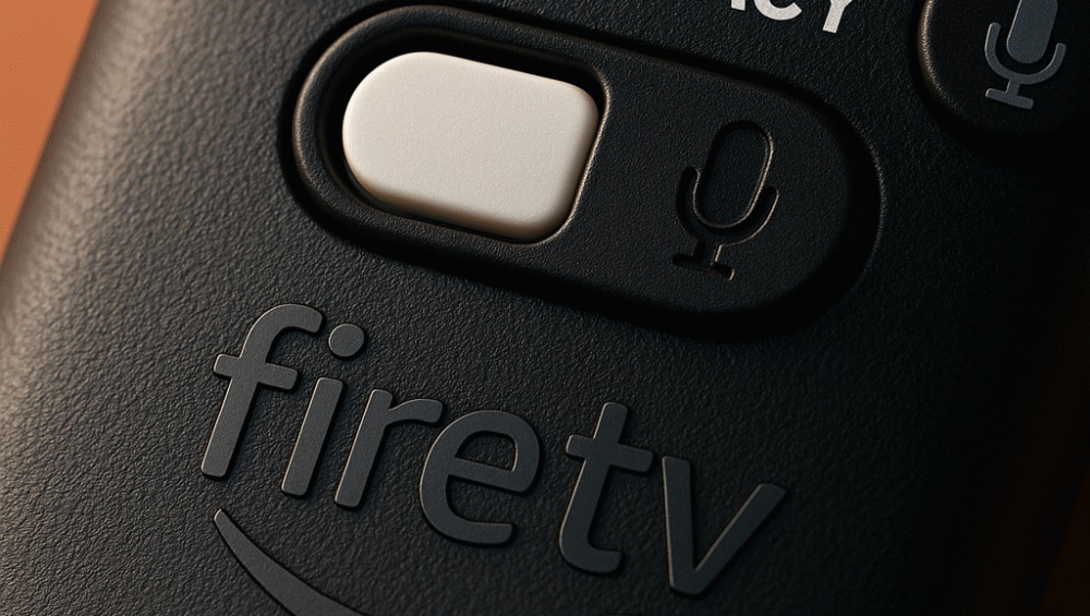 Close-up photo of the Fire TV remote showing the built-in privacy toggle switch used to mute the Alexa microphone for hands-free TV control.