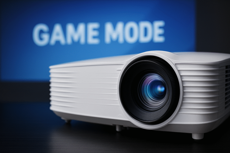 Close-up image of the Optoma HD146X budget gaming projector showing its precision lens design and on-screen Game Mode menu activated, highlighting features for low input lag and optimized gaming visuals.