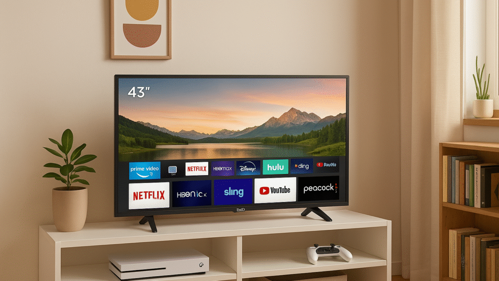 Compact entertainment corner with 43” Fire TV on a shelf with game console