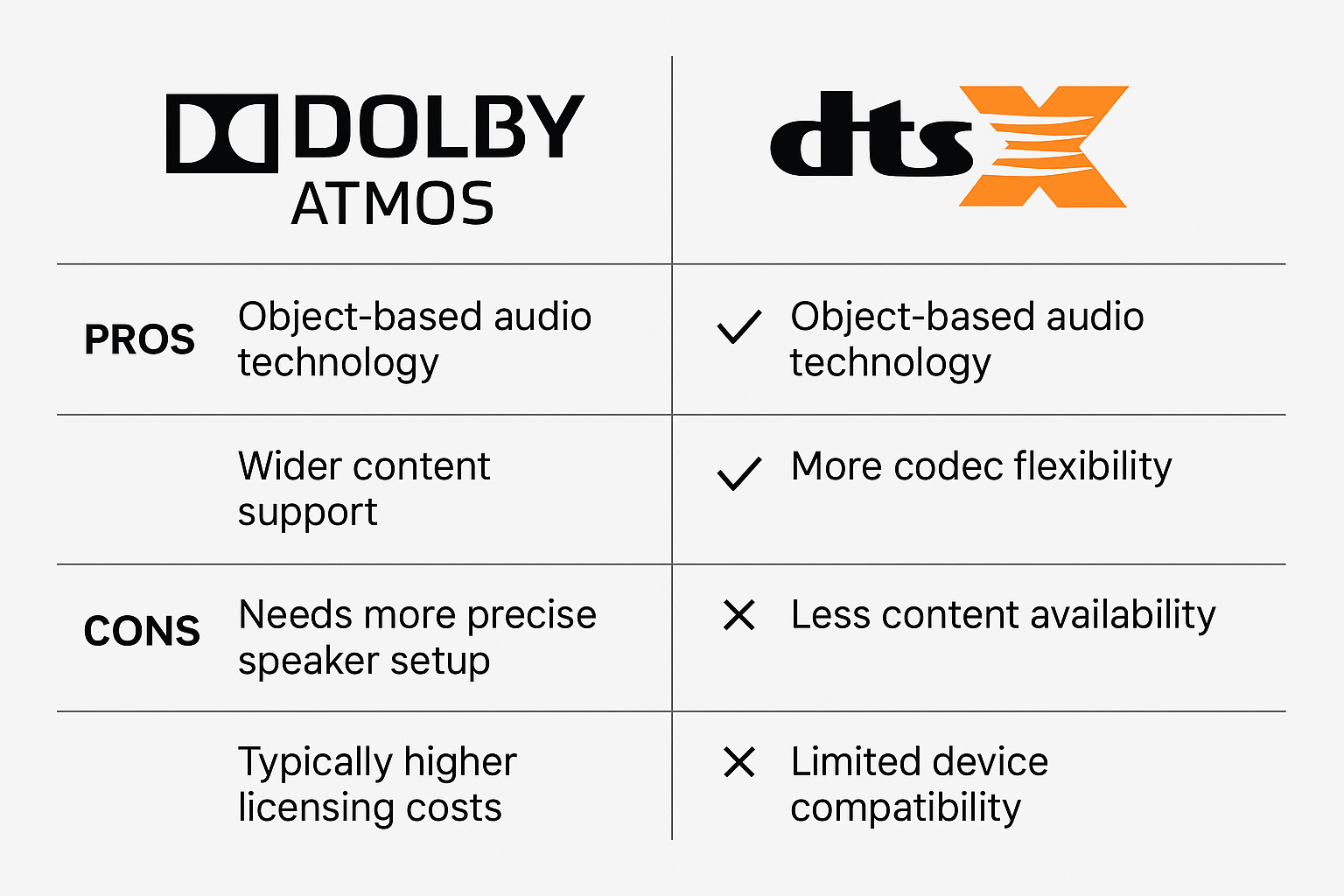 Comparison chart showing pros and cons