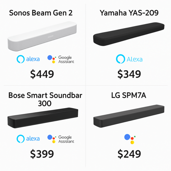 Comparison grid of soundbars with assistant logos and pricing