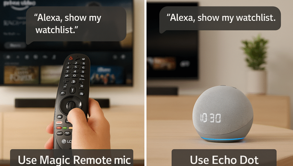 Comparison image of using Magic Remote mic vs Echo Dot for voice commands.