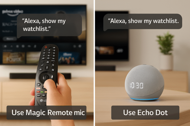Comparison image of using Magic Remote mic vs Echo Dot for voice commands.