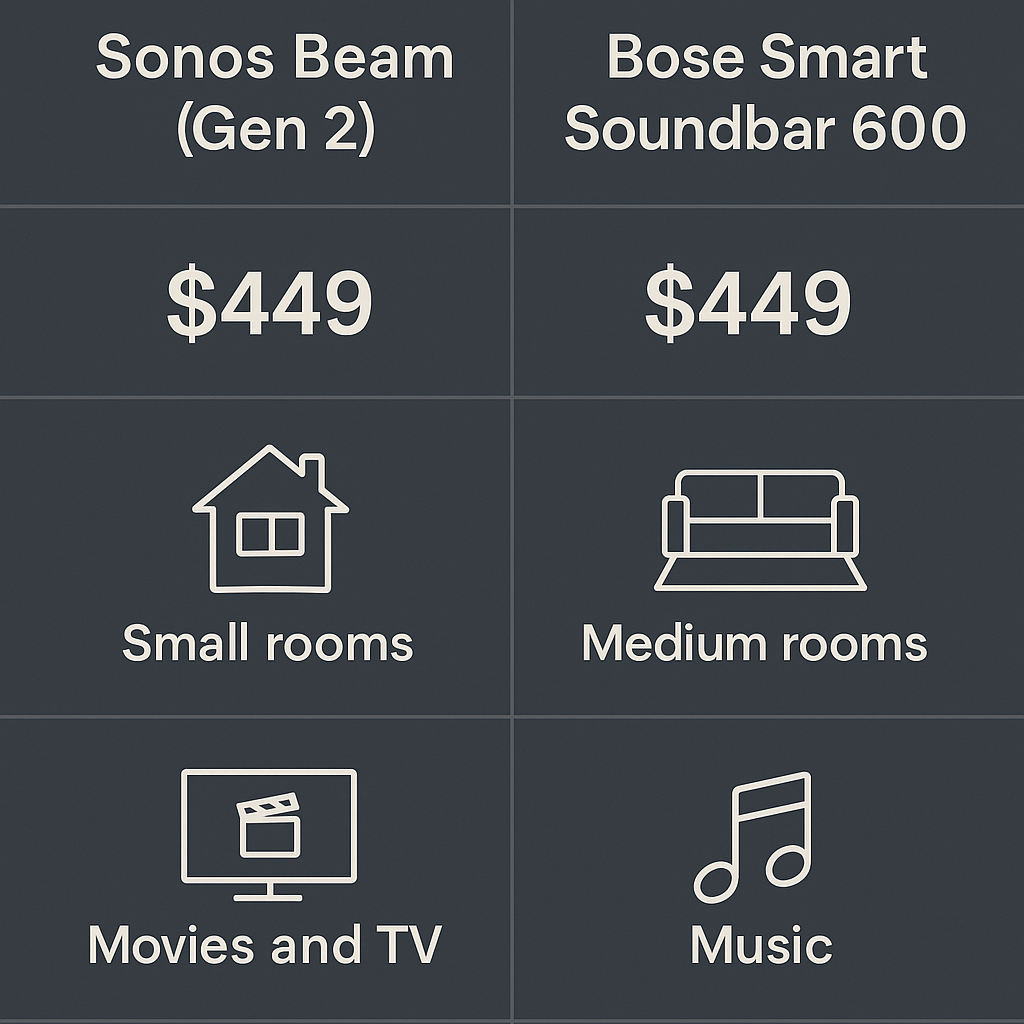 Comparison summary infographic with room types and use case labels.