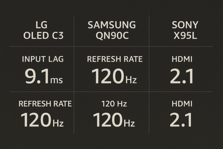 Comparison table of top 3 TVs with key gaming specs side-by-side