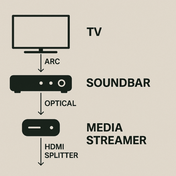 Connection diagram illustrating three common audio setups for a gaming projector soundbar: HDMI ARC connection between projector and soundbar, optical audio route from console to soundbar, and HDMI splitter setup sending video to projector and audio to soundbar.