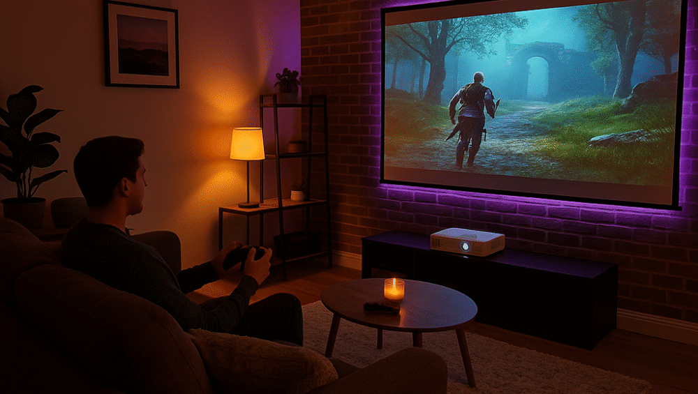 Cozy game room photo with projector and mood lighting