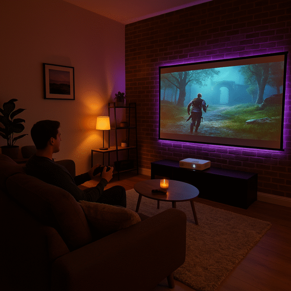 Cozy game room photo with projector and mood lighting