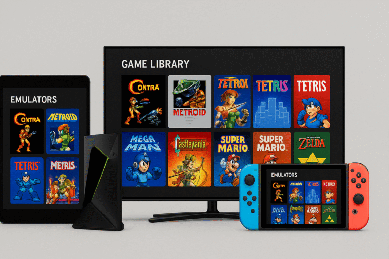 Device lineup with retro game emulators shown on screen.