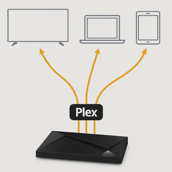 Diagram showing Shield serving Plex to multiple devices at once.