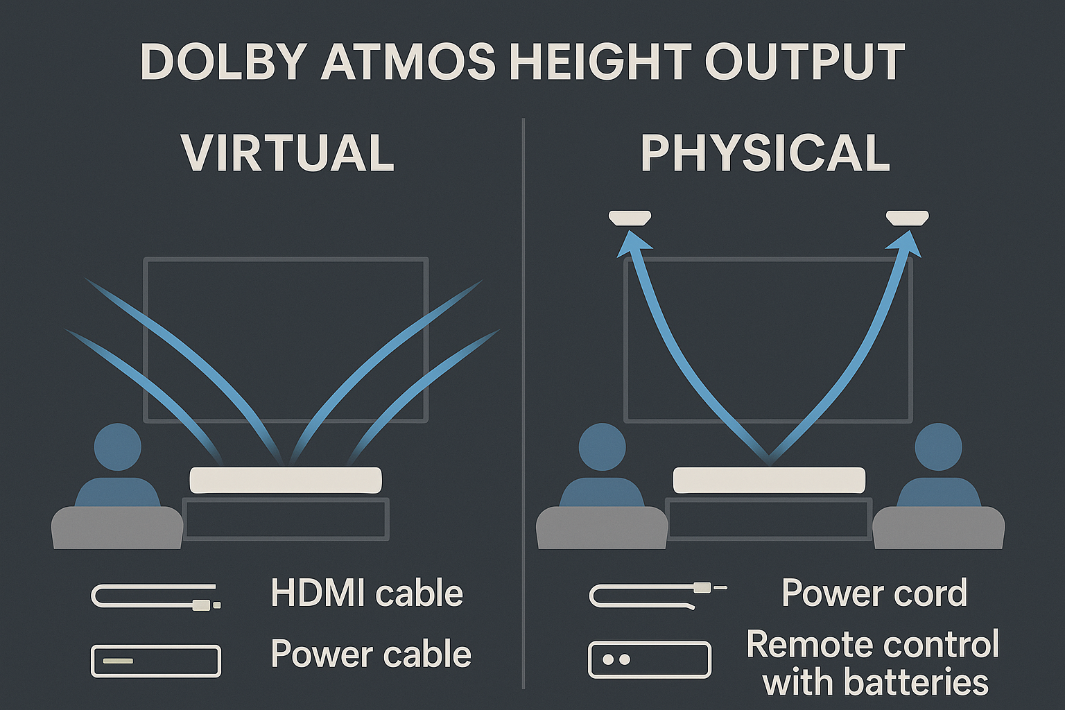 Beam Gen 2 or Bose Smart 600 comparison graphic depicting Dolby Atmos simulation — Bose Smart Soundbar 600 projecting true vertical height with up-firing speakers, while Sonos Beam Gen 2 creates virtual height using wall and ceiling sound reflections