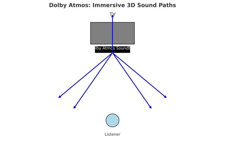 Dolby Atmos speaker diagram with arrows showing 3D sound paths.