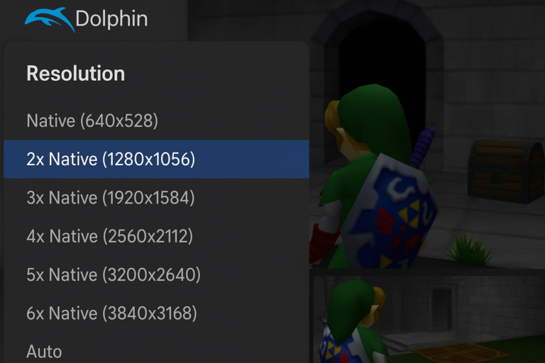 Dolphin emulator menu showing resolution options with a game in background.