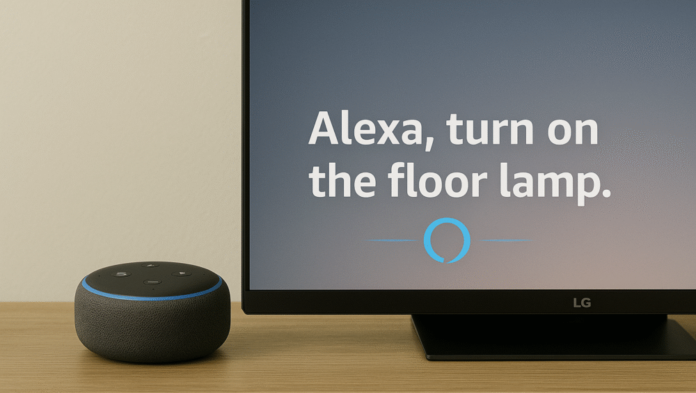 Echo Dot sitting next to LG C3 TV, showing voice command interaction