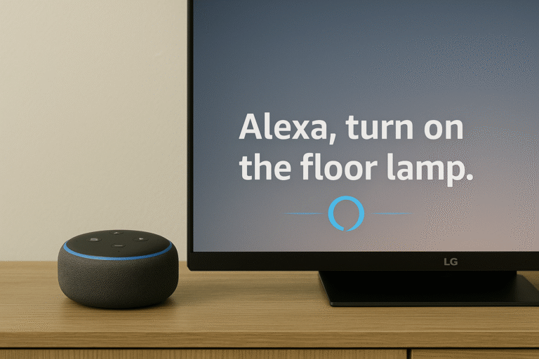 Echo Dot next to LG C3 OLED smart TV demonstrating Alexa voice command interaction for smart home control.