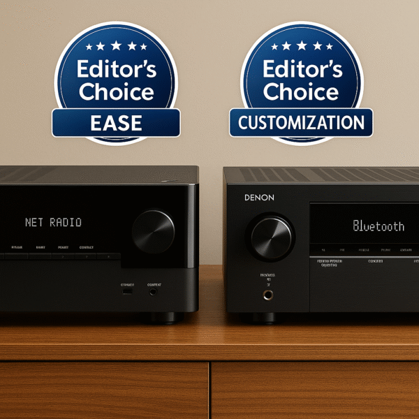 Yamaha RX-V6A vs Denon AVR-S970H Editor’s Choice badge overlay showing the Yamaha RX-V6A highlighted for ease of use and smart integration, while the Denon AVR-S970H earns a badge for advanced customization and audio tuning flexibility.