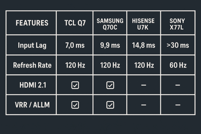 Feature comparison chart for gaming specs