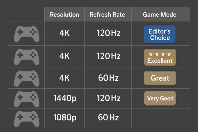 Feature comparison chart with controller icons and rating badges.