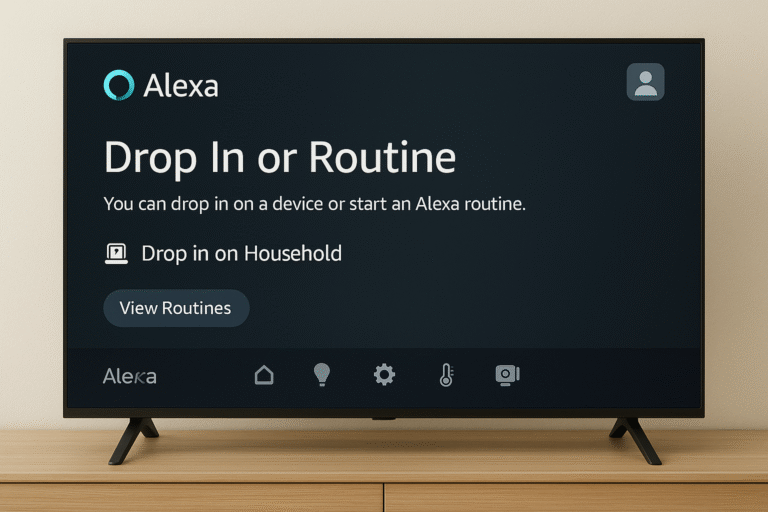Fire TV Omni dashboard with Alexa “drop-in” or routine screen open