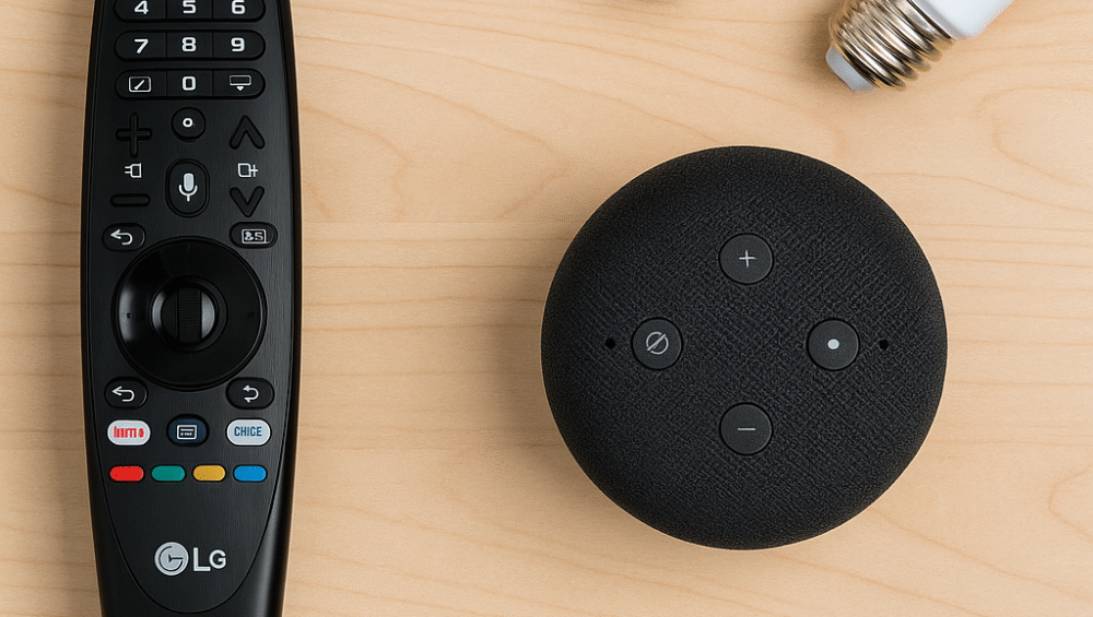Flat lay of LG remote, Echo speaker, and Hue lights in background.