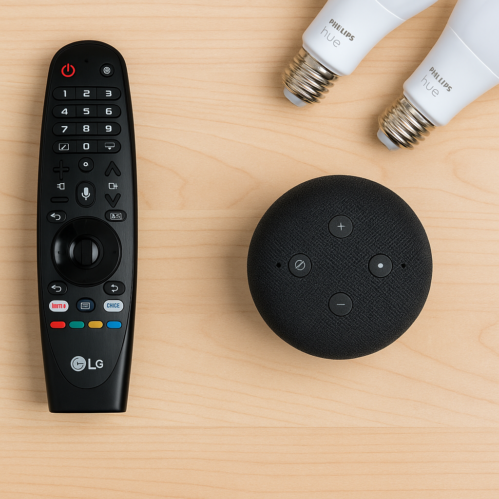 Flat lay of LG remote, Echo speaker, and Hue lights in background.