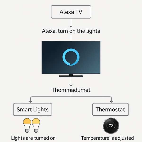 Flowchart showing automation between a smart TV with Alexa speaker, smart lights, and thermostat, illustrating how voice commands control lighting, temperature, and entertainment in one routine.