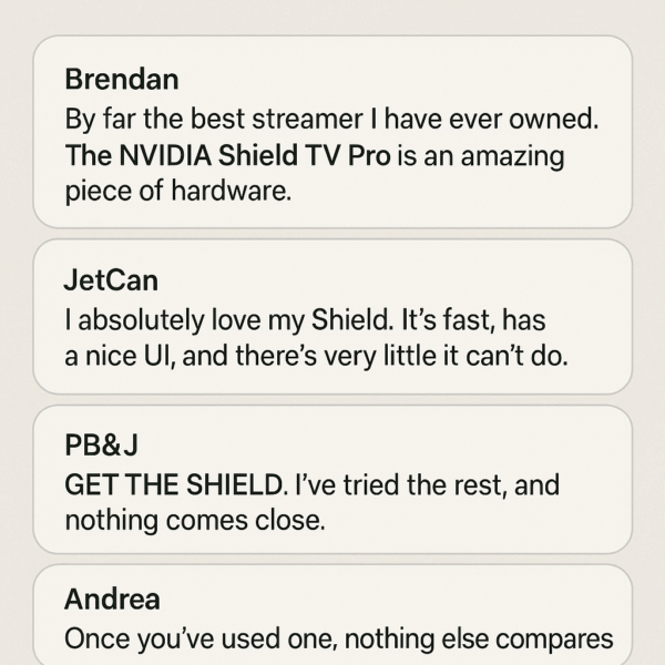 Forum comment screenshots highlighting Shield praise