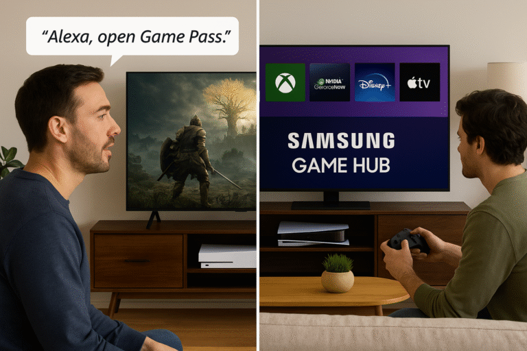 Gamer using Alexa command vs Samsung controller with Game Hub