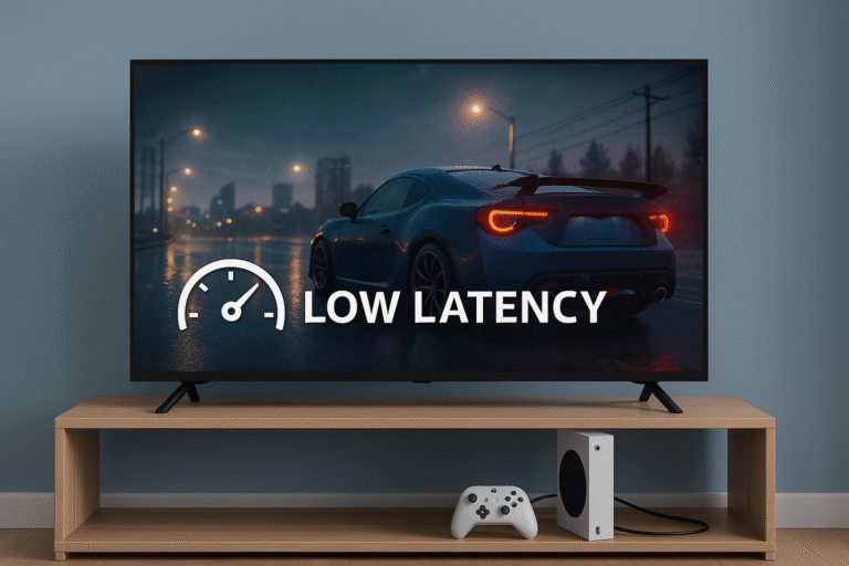 Gaming console connected to Fire TV with low-latency icon overlay