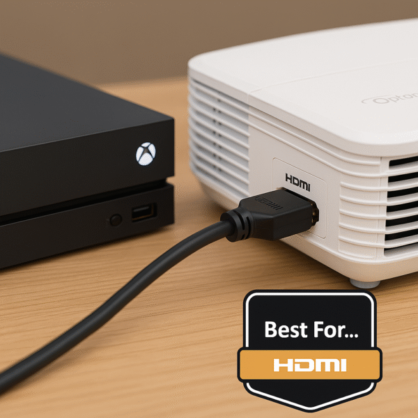 Image showing a gaming console connected to a projector via HDMI, with a soundbar linked through HDMI ARC for audio output, demonstrating a clean and efficient gaming projector setup.