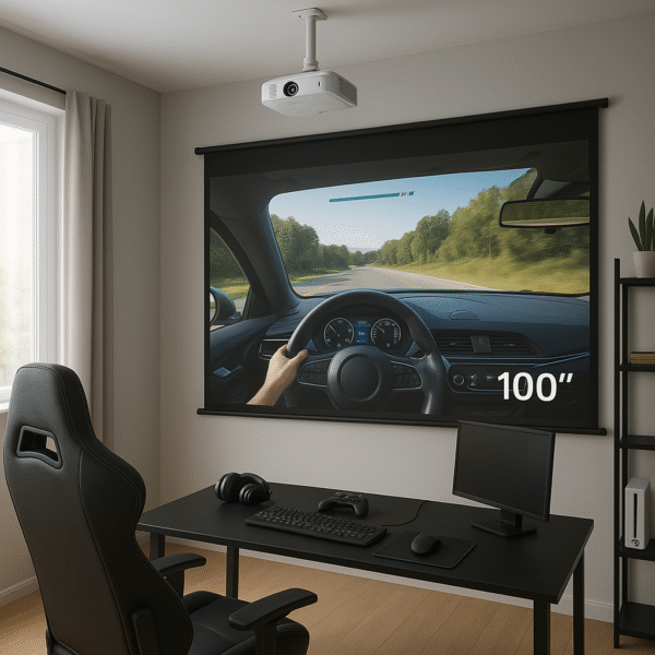 Gaming desk setup with ceiling-mounted projector and 100 degrees screen in compact room