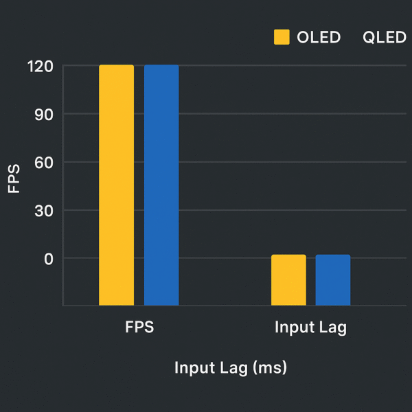Gaming performance comparison chart with FPS and latency metrics