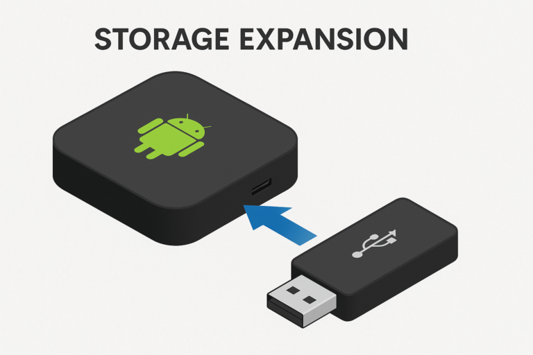 Graphic of Android TV box with USB drive, showing storage expansion flow