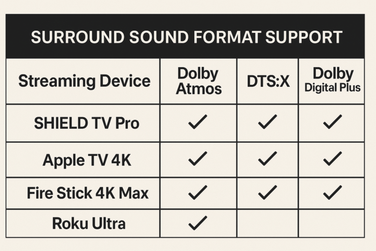 Graphic showing surround sound formats supported by each device.