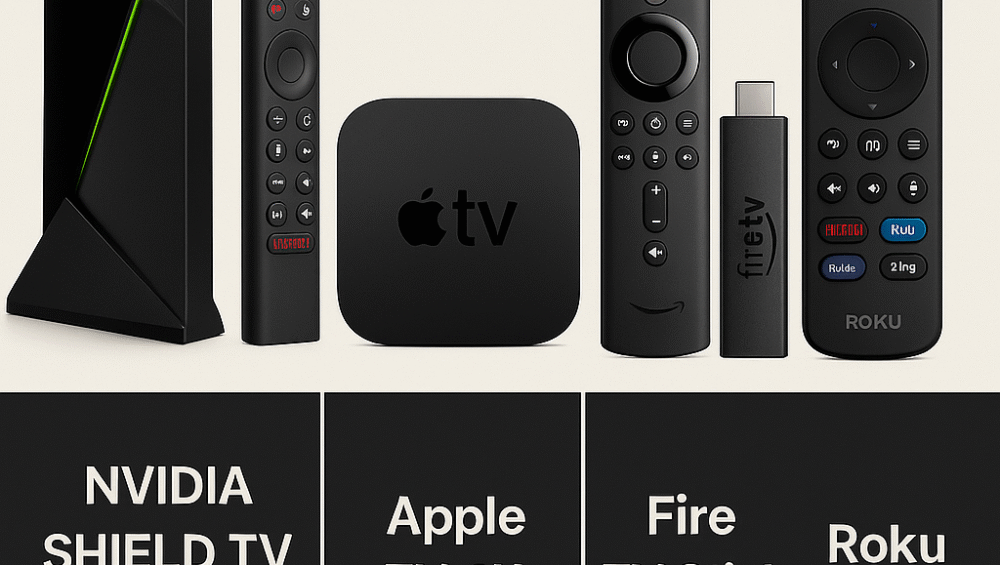 Grid image of 4 devices side by side — Shield TV Pro, Apple TV 4K, Fire Stick 4K Max, Roku Ultra.