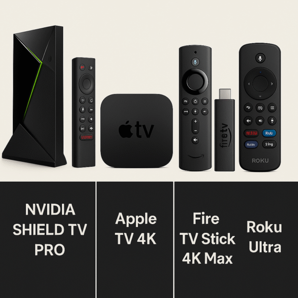 Grid image of 4 devices side by side — Shield TV Pro, Apple TV 4K, Fire Stick 4K Max, Roku Ultra.