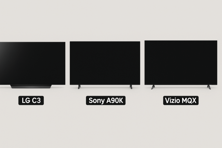Grid image showing 3 TVs labeled LG C3, Sony A90K, and Vizio MQX