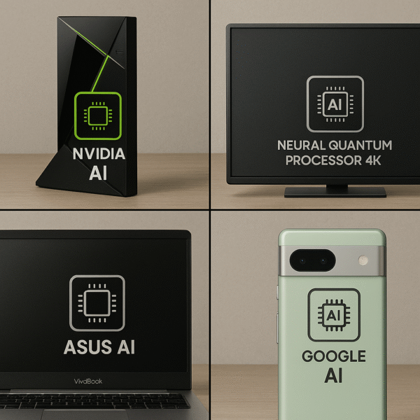 Grid of 4 devices labeled with their AI processor logos.