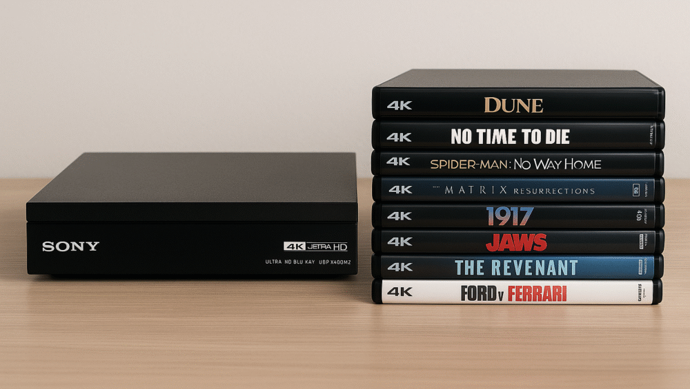 Hero shot of Sony UBP-X800M2 next to a stack of 4K Blu-ray discs