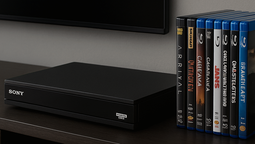 Hero shot of Sony UBP-X800M2 next to disc collection in modern media room