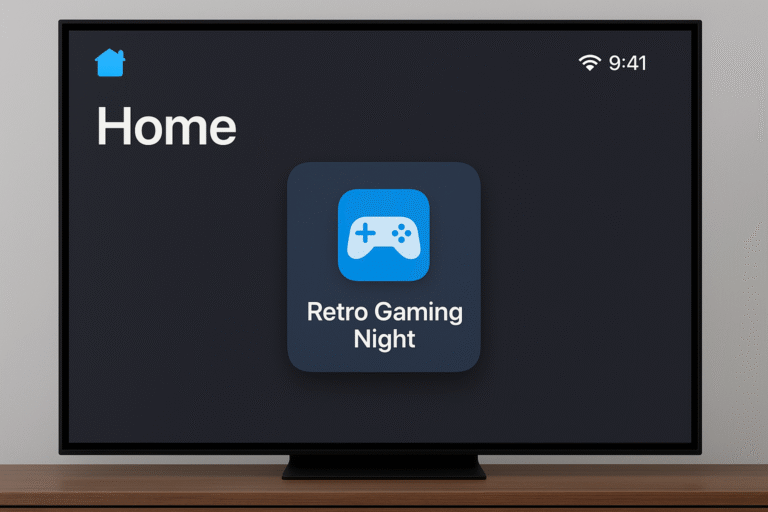Home app UI showing scene for ‘Retro Gaming Night’.