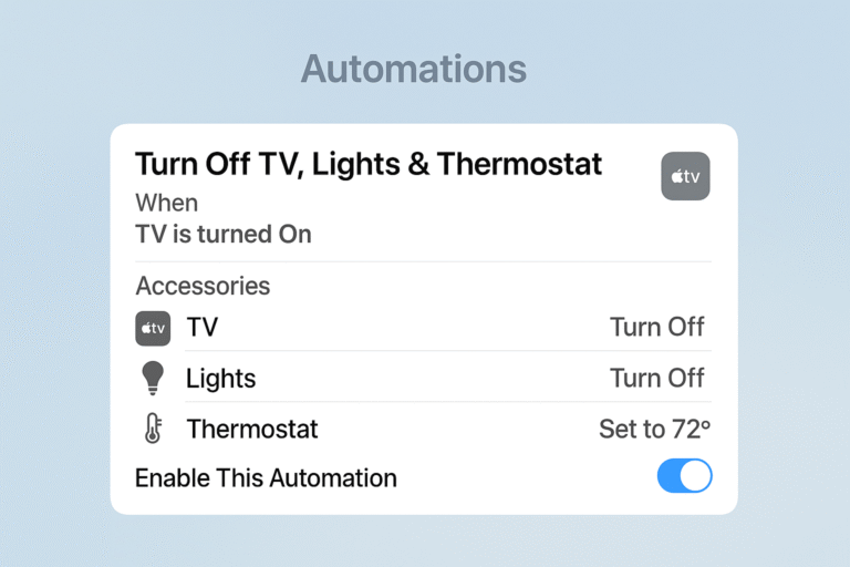 Home app automation setup for TV, lights, and thermostat