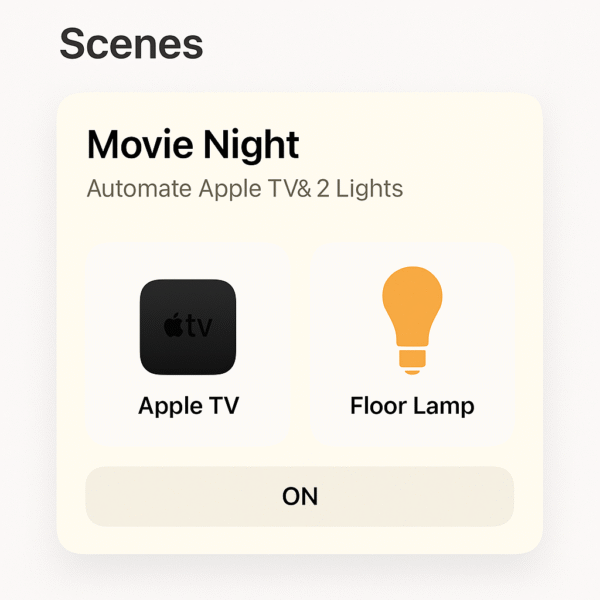 Home app displaying scene automation including Apple TV and lighting