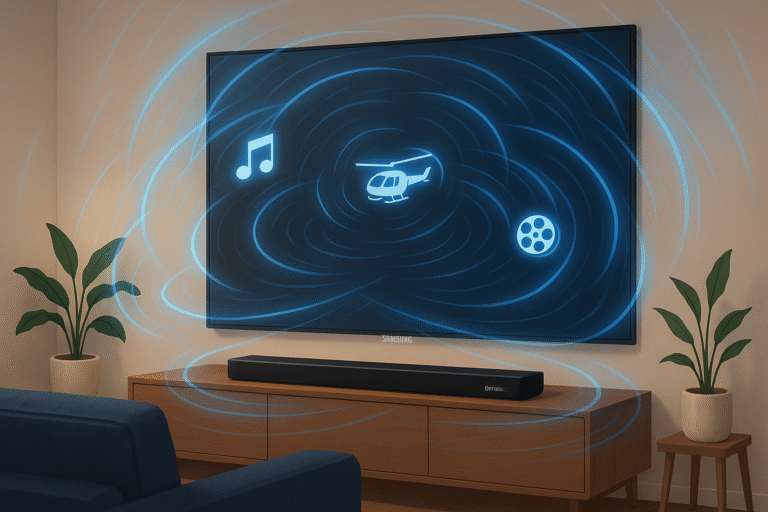 Illustration of object-based sound flying over viewer