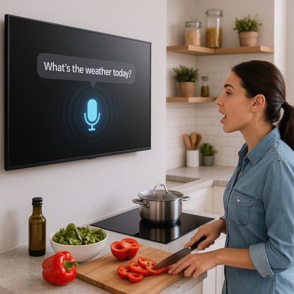 Illustration of person giving voice command to TV while cooking in the kitchen