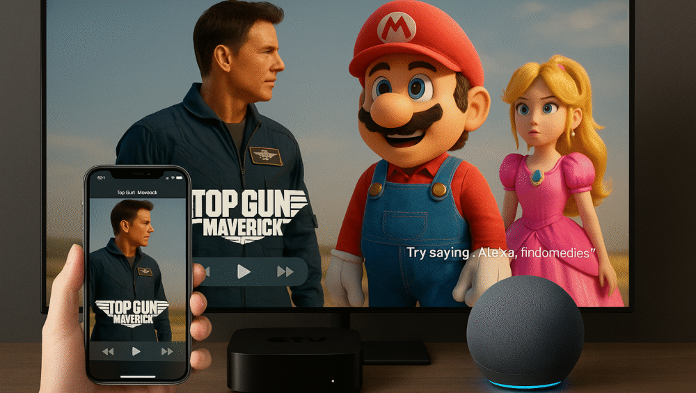 Image showing Apple TV being controlled through an iPhone with Siri, and Firestick managed via an Alexa Echo device, illustrating smart control differences in Apple TV vs Firestick Plex setups.